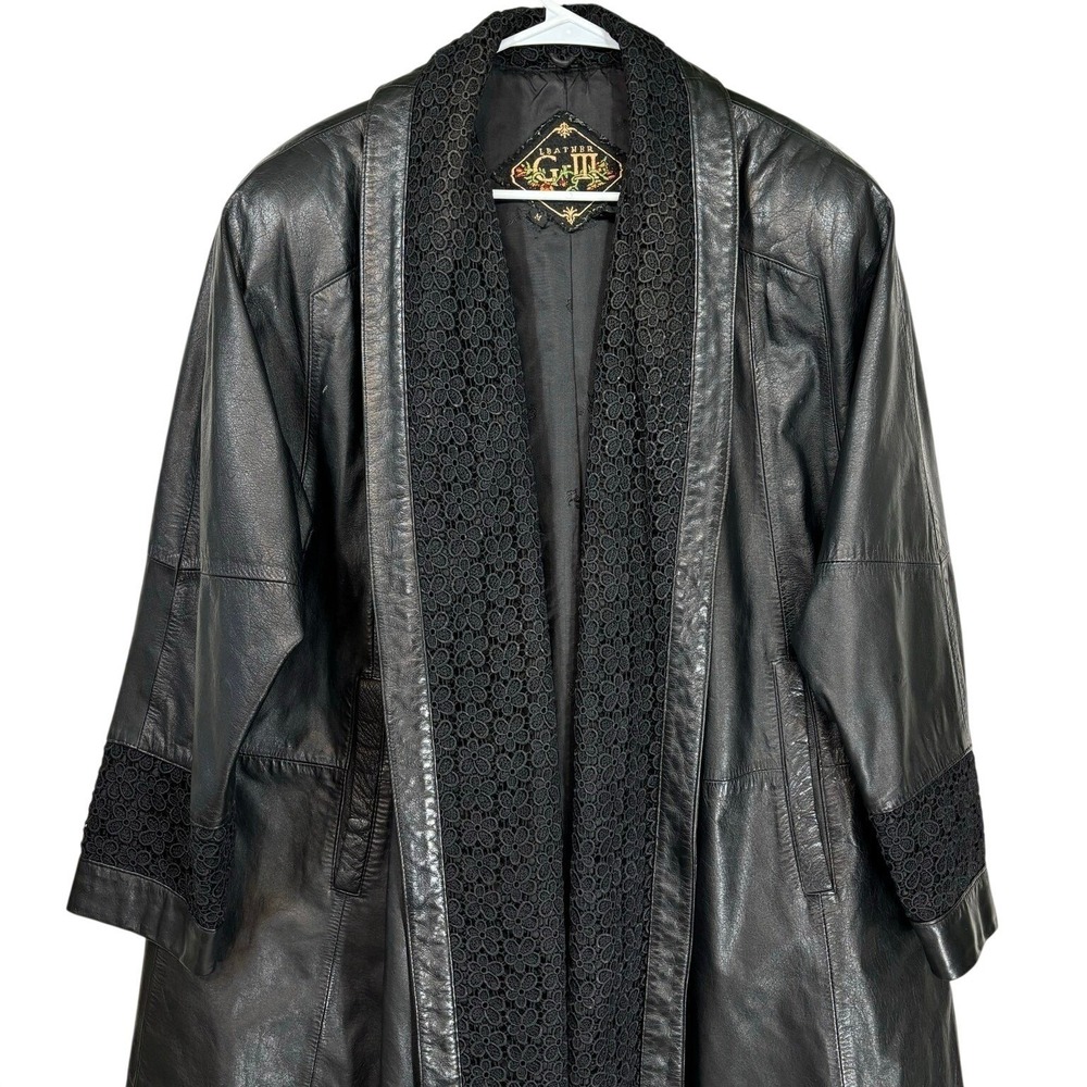 Vintage Floral Leather Coat MEDIUM Black Lace Trim Jacket Goth Grunge Whimsigoth